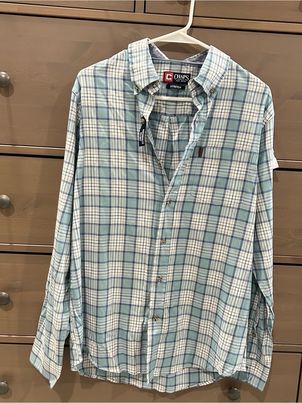 Chaps Stretch Plaid Button-Down Shirt Men’s M Blue White Long Sleeve